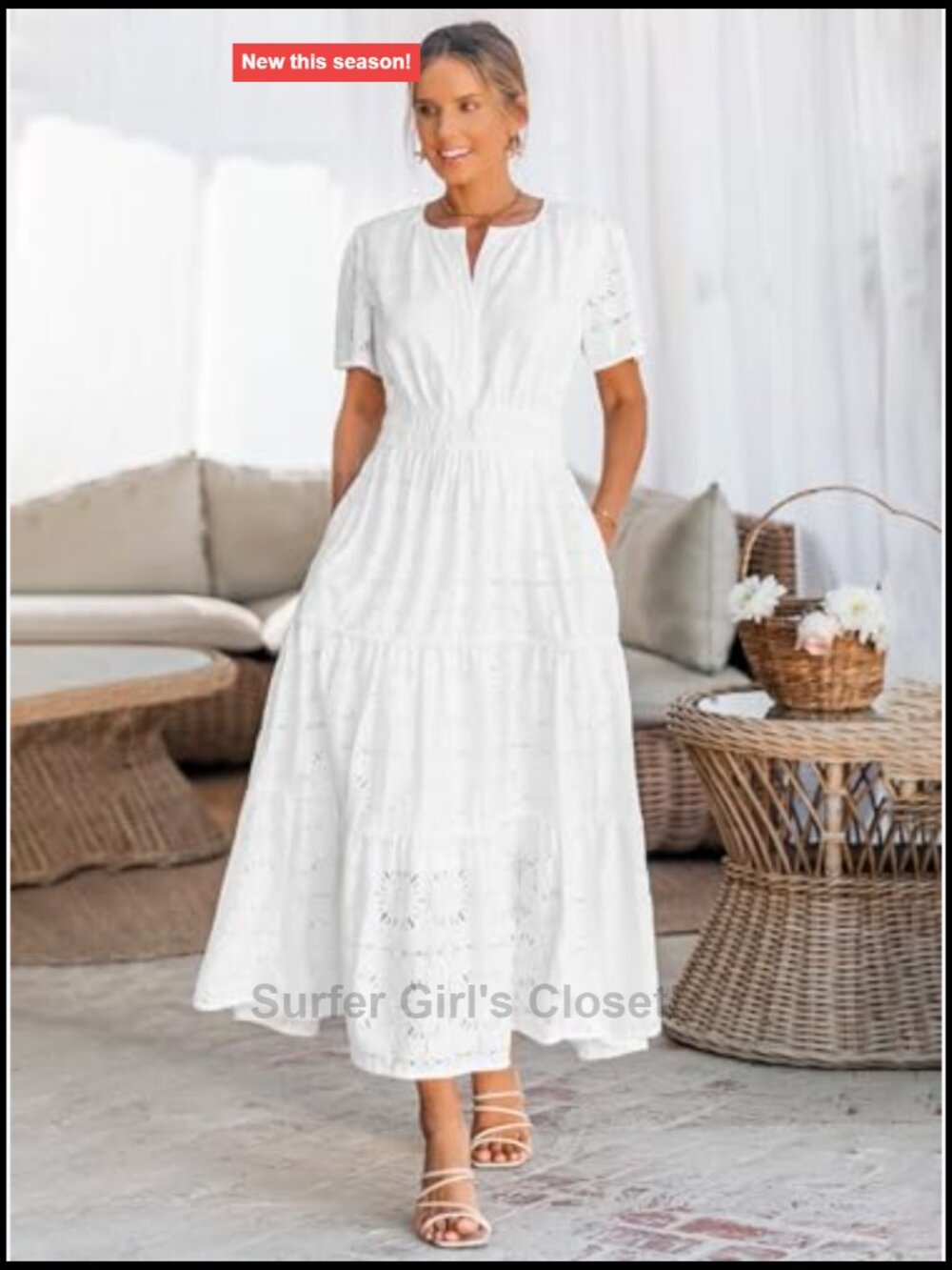 Flowy Eyelet Lace Maxi Dress Women Boho Casual Short Sleeve - Picture 4 of 7